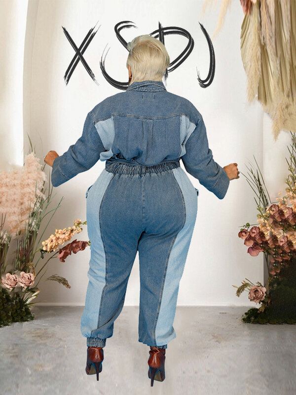 جمبسوت حريمي مقاس كبير بذلة جينز ربيعية بأكمام طويلة مع جيوب جمبسوت دينم كبيرة الحجم للبيع بالجملة من الشركة المصنعة