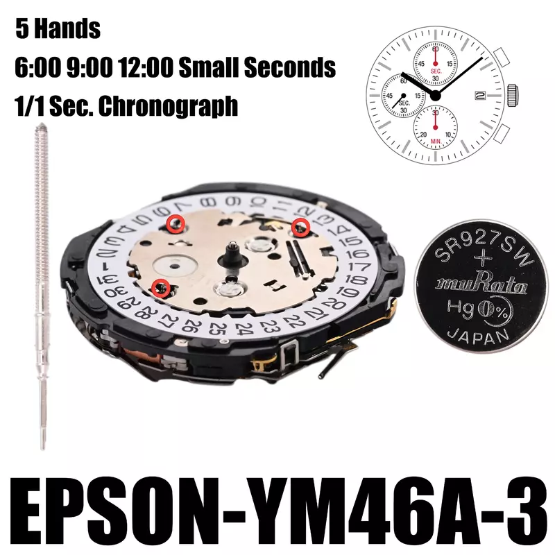 YM46 Movement Epson YM46-3 Movement Center Chronograph YM46 YM Series YM46A 6:00 9:00 12:00 Small Seconds Size:12'''Date at 3:00