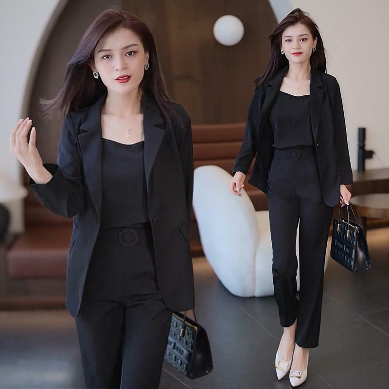 ชุดเสื้อสูทสีดำของผู้หญิงสำหรับใส่ทำงานเสื้อแจ็คเก็ตชุด2023สีพื้นสำหรับฤดูใบไม้ร่วงฤดูใบไม้ผลิ
