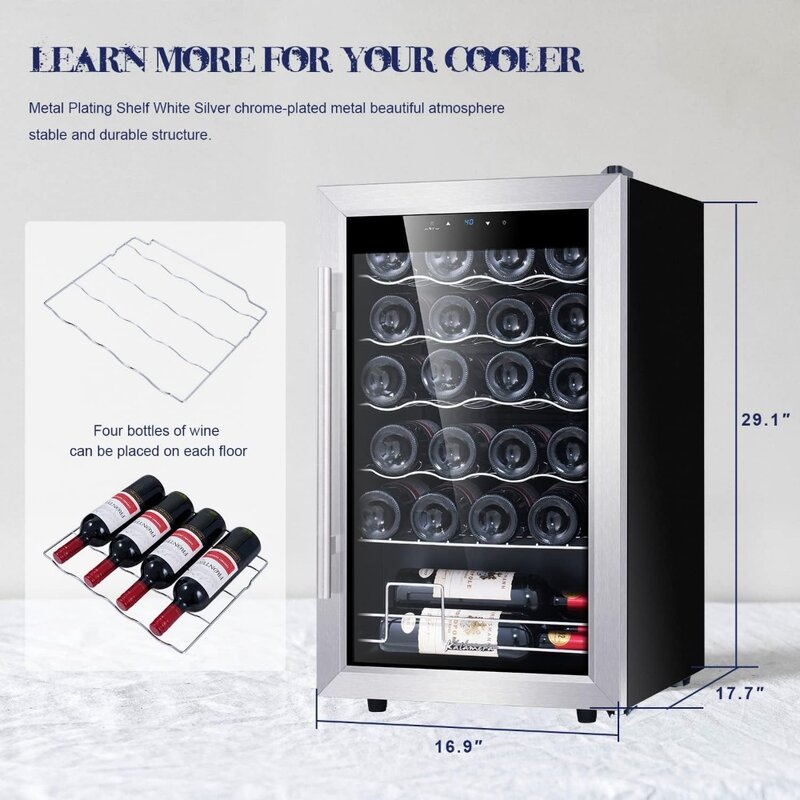 Mini Fridge Wine Cooler, 24 Bottle Compressor Freestanding Wine Refrigerator - Single Zone with Stainless Steel Glass Door