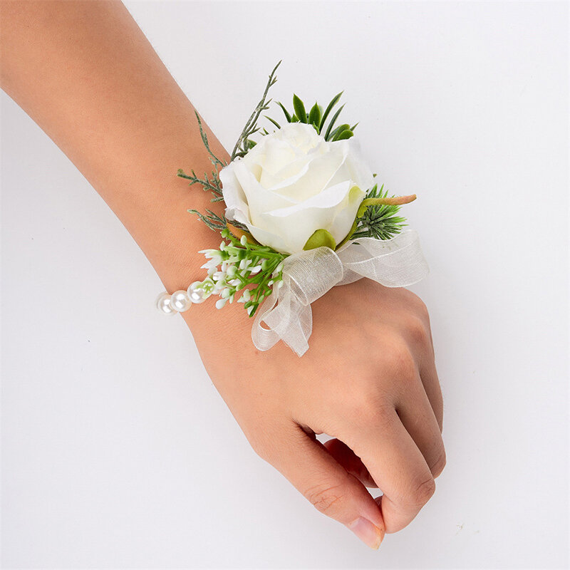 Gelang bunga buatan, rantai tangan bunga buatan untuk pengiring pengantin perempuan bunga mawar mutiara 1 buah