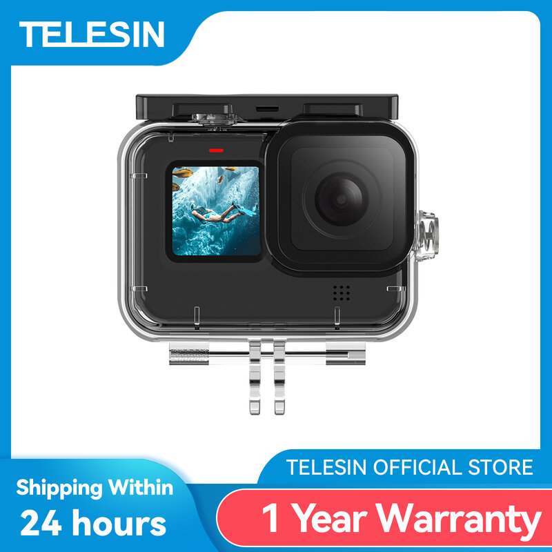 TELESIN-funda impermeable para cámara GoPro Hero 9, 10, 11, lente de cristal templado subacuática, carcasa de buceo, Accesorios Negros, 60M