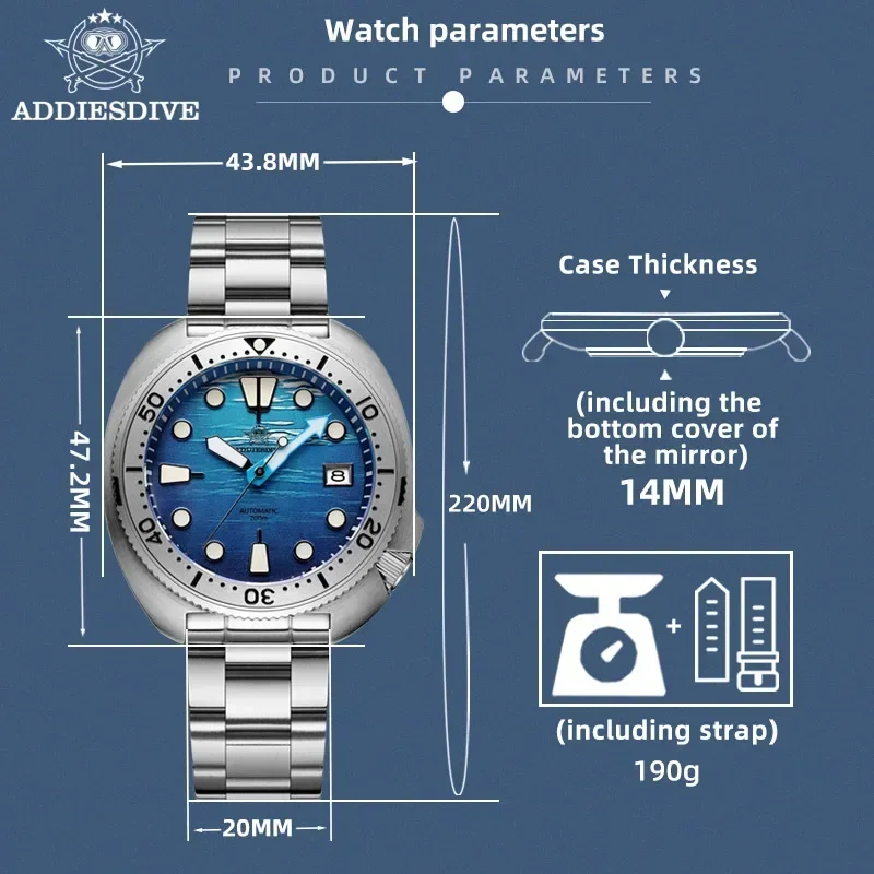 Addiesdive นาฬิกาธุรกิจนาฬิกาข้อมือผู้ชายไพลิน NH35หรูเรืองแสง200เมตรนาฬิกาข้อมือ AD2045สำหรับดำน้ำ
