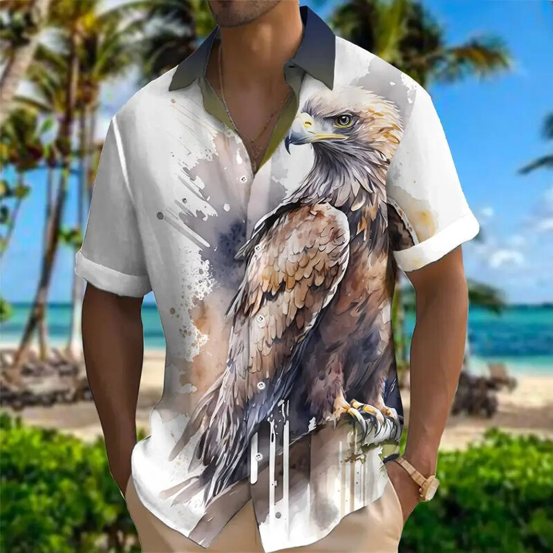 Chemises hawaïennes à manches courtes pour hommes, imprimé tigre, ours, aigle, discutant en 3D, 2024