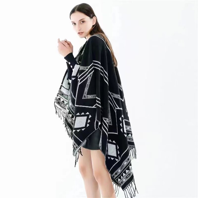2024 nuovo stile Nepalese indiano geometrico nappa divisa scialle donna aria calda aria condizionata camera Lady mantello Poncho mantelle nero kaki