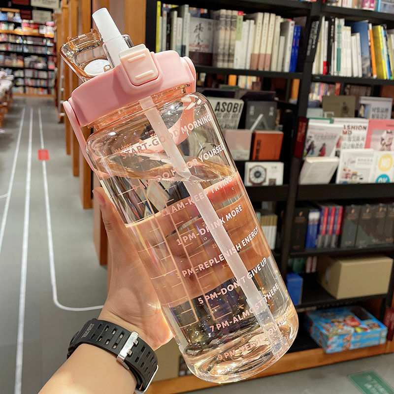 2L Sports Water Bottle With Straw Portable Large Capacity Water Bottles Hiking Camping Bicycle Cold Water Jug With Time Markerr