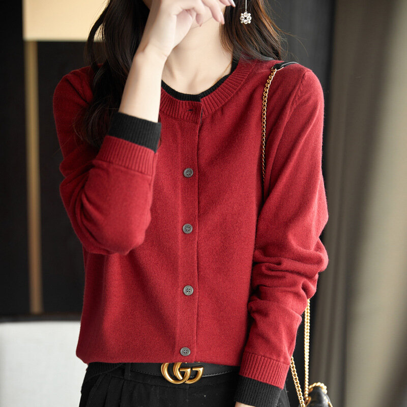 French Luxury Design Color-blocked Sweater Cardigan Slimming Layered Top