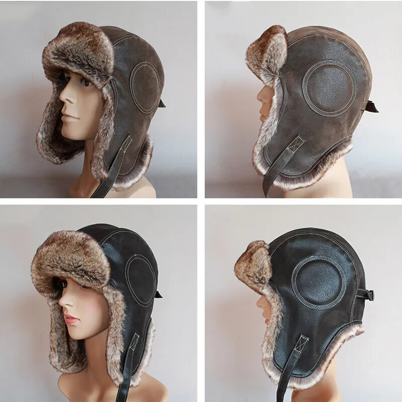 Ushanka de inverno com abas auriculares para homens e mulheres, bombardeiro aviador piloto, chapéu caçador, peles artificiais, couro, boné de neve