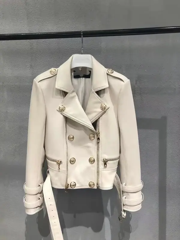 Jaqueta de pele de carneiro genuína para mulheres, couro real, casaco fino, outwear de motociclista, moda coreana, nova, 2024