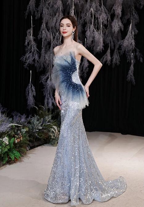 Mermaid Elegant Evening Dresses Blue Boat Neck Gradient Color Shiny Sequin With Zipper Party Prom Gown Robes De Soirée 2022 New