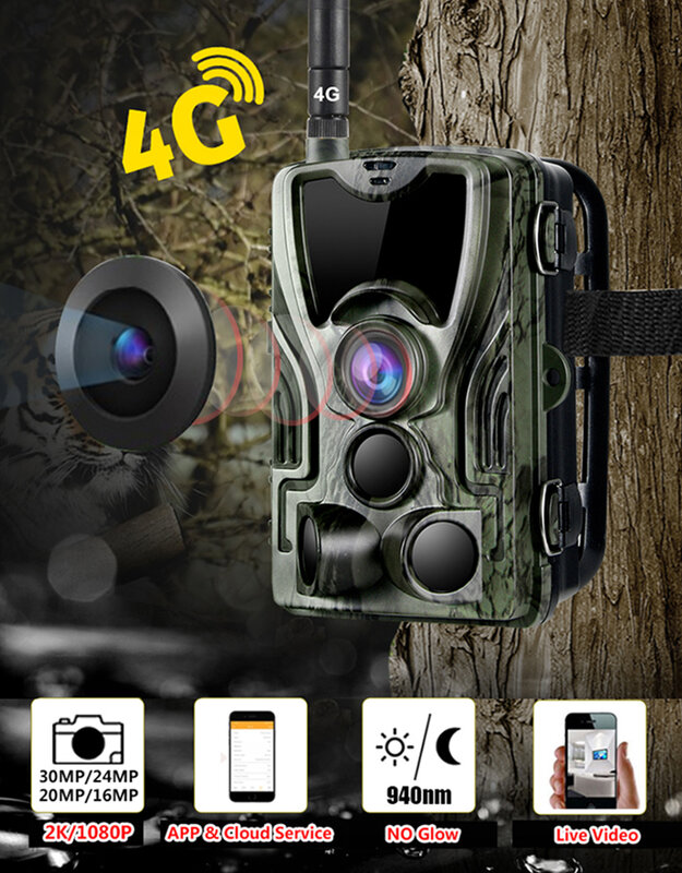 Controllo APP gratuito Cloud Service 4G Trail Camera 2K 30MP caccia alla fauna selvatica sorveglianza telecamere Wireless per visione notturna HC801Plus