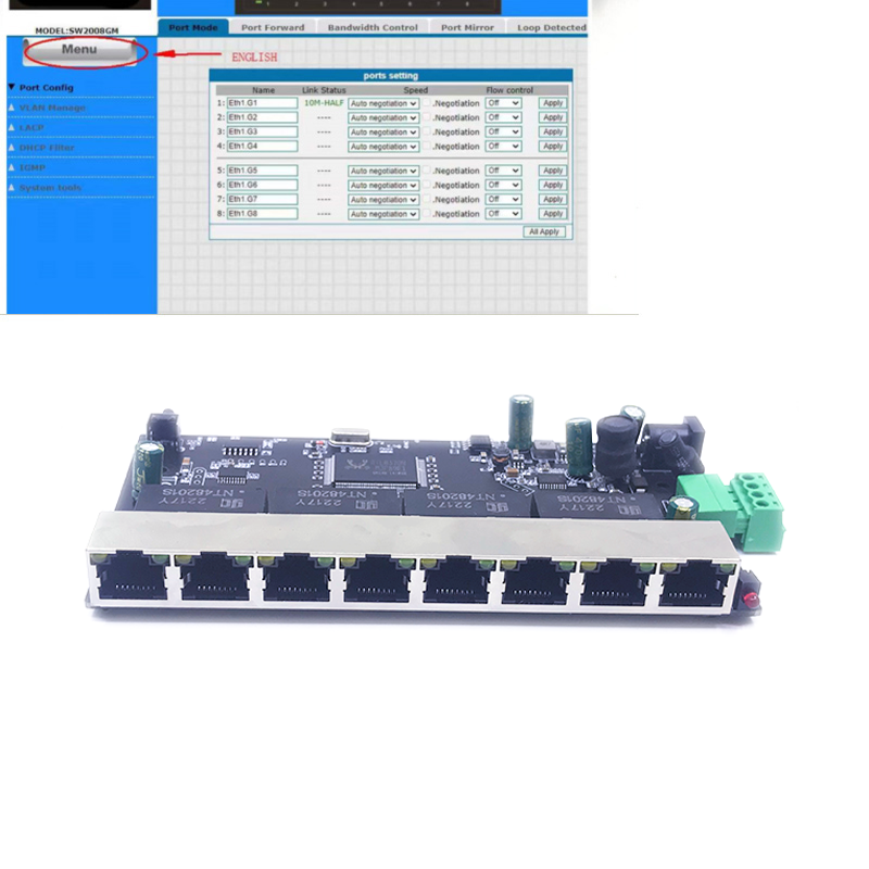 8-port 10/100/1000M POE 48V(400W-600W) 802.3BT/ class8  managed  switch PCB module