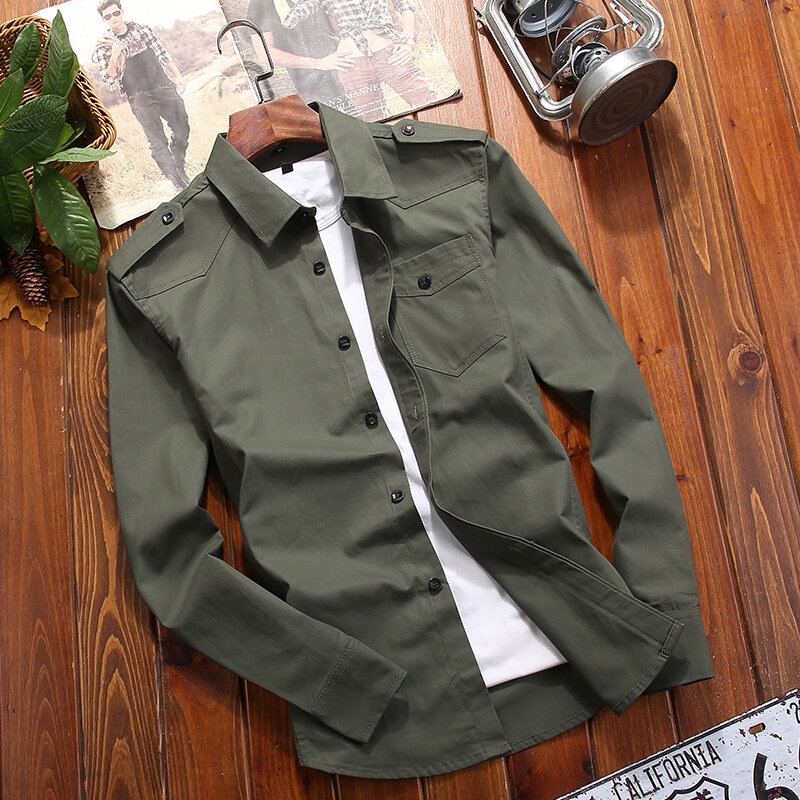 Men's Tactical Shirt 2024 Spring Solid Color Thin Bicycle Lapel Multi Pocket Top Casual Large Men's Cargo Long Sleeve 4XL 5XL