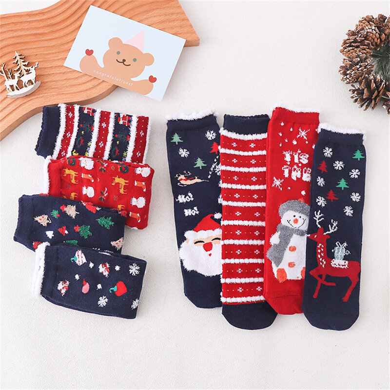Confortável macio Coral Plush Natal meias, grosso, quente, desenhos animados, elástica, interação pai-filho, bonito, 1 par