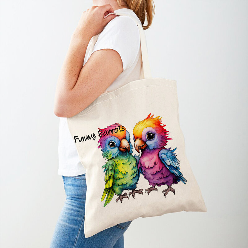 Tas belanja wanita burung bayan lucu cetak ganda tas Travel anak perempuan hadiah kasual tas belanja wanita binatang burung kartun imut