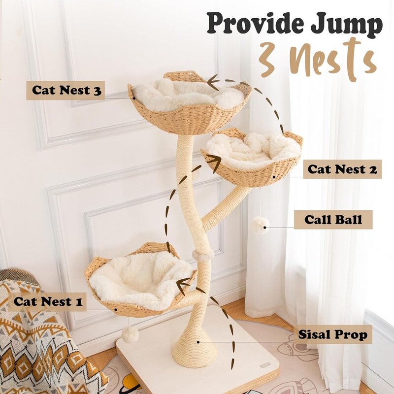 Modern Cat Tree - 52" Tall - Solid Wood Cat Condo with 3 Baskets, Scratching Post, Removable and Washable Cushions  Suitable