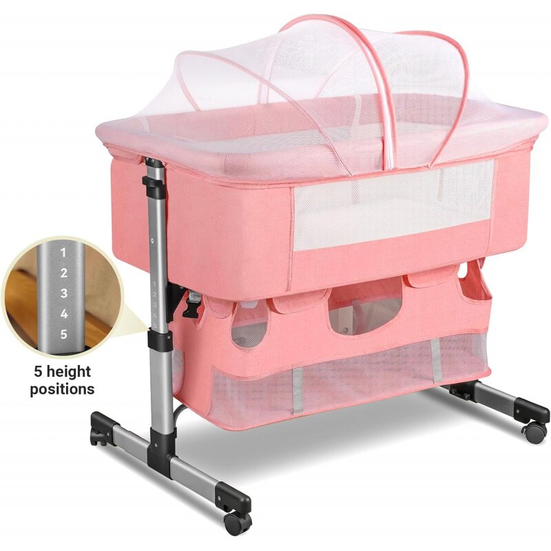 Baby Crib,3 in 1 Bedside Adjustable Portable for Infant,Bassinet Newborn Must Have ,Pink