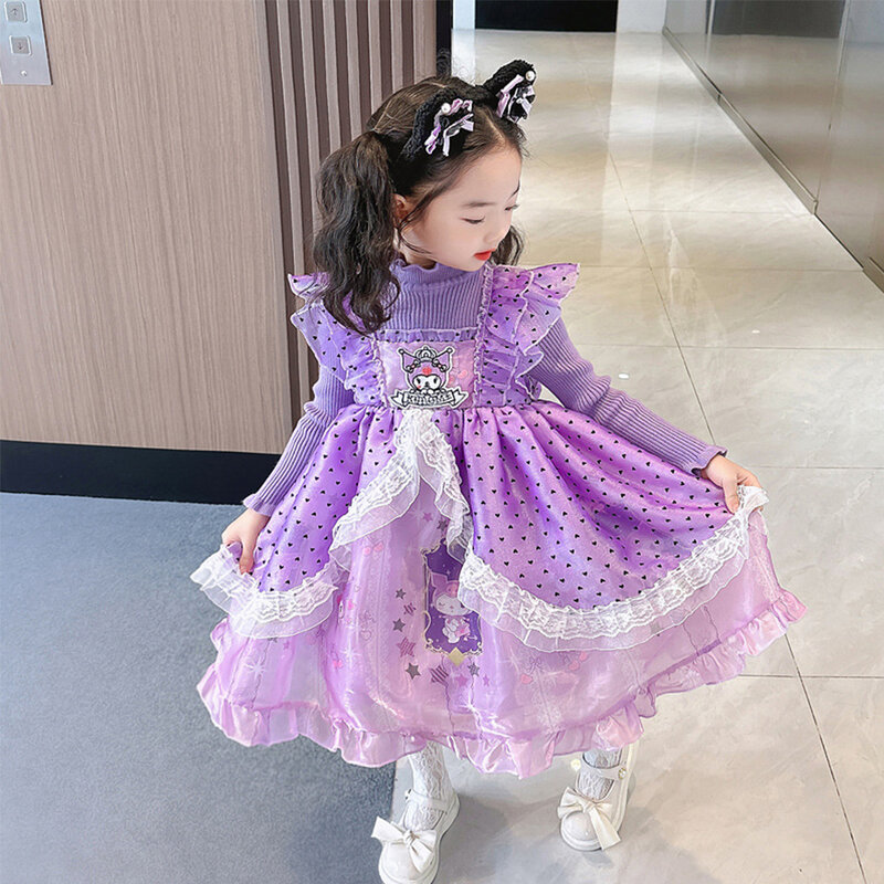 Girls Dress Sanrios Anime 2024 Kuromi Y2K Birthday Party Plush Sweater Spring Autumn Kids Dress Kawaii Lolita Princess Dress