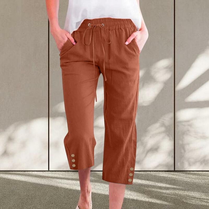 Calça feminina com cordão elástico na cintura cortada com bolsos, botões soltos, streetwear casual, verão