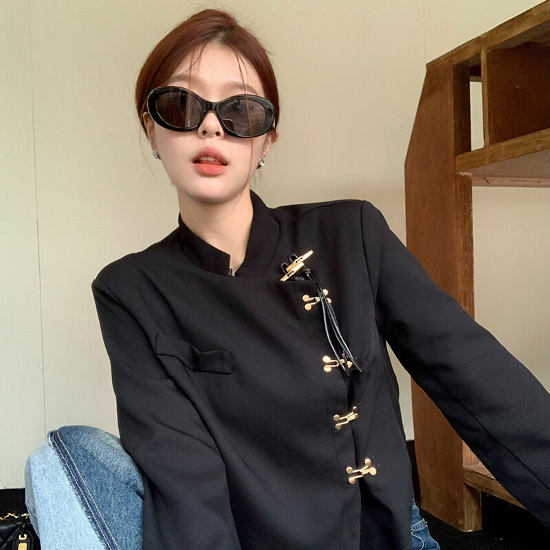 Donna primavera/estate nuovo cinese in piedi collo corto Blazer cappotti Vintage elegante nero allentato bottone in metallo sciolto giacche