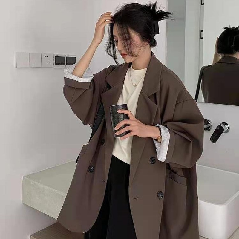 Houzhou vintage marrom blazer feminino oficial elegante senhoras moda outono manga longa oversized chique casual jaqueta all-match