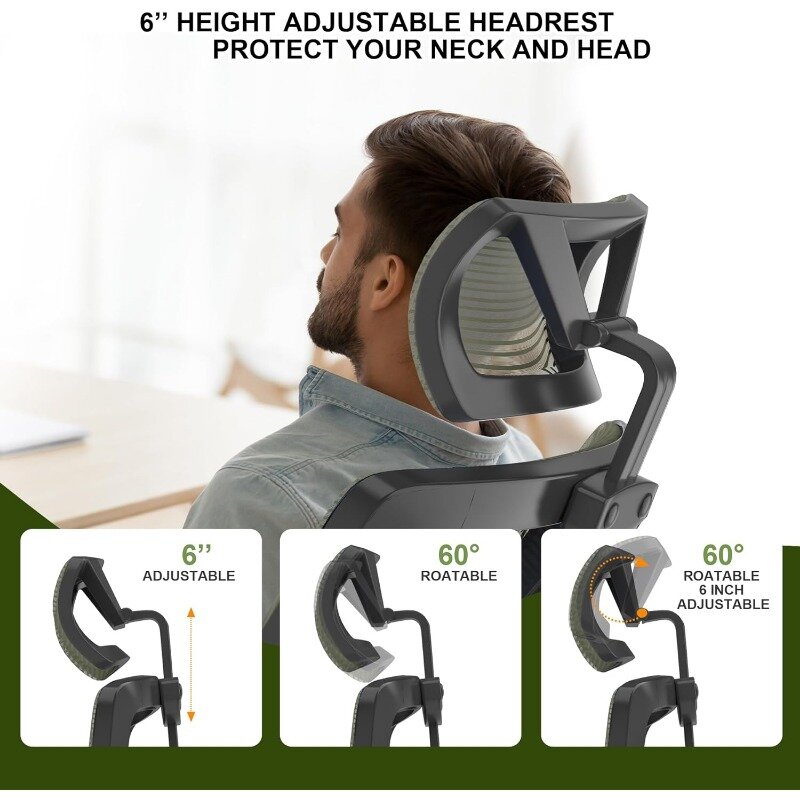 Cadeira ergonômica de malha, cadeira de computador encosto alto, encosto de cabeça ajustável com braços flip-up, apoio lombar, cadeira giratória