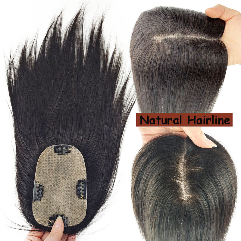 Topper de cabello humano con Clips en el cuero cabelludo para mujer, Base de piel Europea virgen, tupé superior para cabello fino, postizos de parte libre, 9x14cm