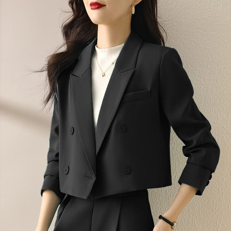 لوسيفر بلازرات سوداء للنساء موضة كورية بدلة مكتب مزدوجة الصدر معطف نسائي عتيق كم طويل ملابس خارجية
