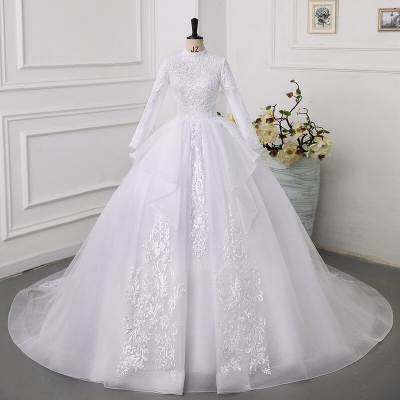 Роскошное реальное изображение женское свадебное платье с высокой горловиной кружевное бальное платье с аппликацией свадебное платье для невесты Vestido De Noiva