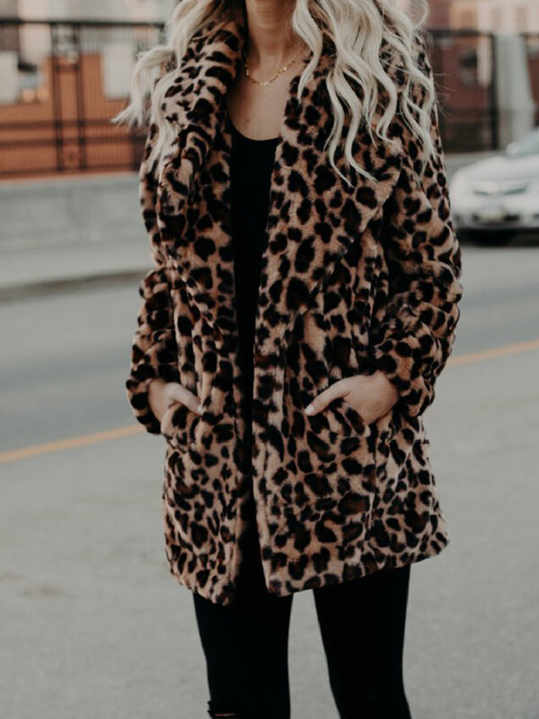 Пальто женское из искусственного меха с леопардовым принтом, теплая Толстая плюшевая куртка, винтажная Уличная Повседневная Свободная верхняя одежда с длинным рукавом, Осень-зима