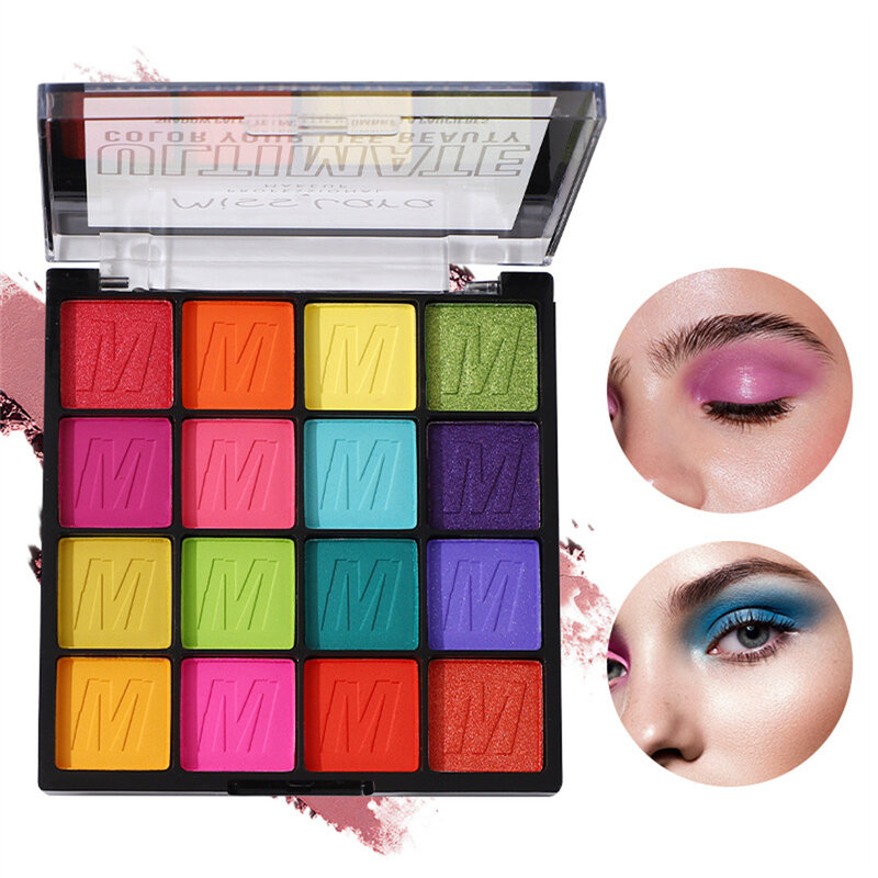 Paleta de sombras de ojos pigmentadas vibrantes, 16 tonos impresionantes para maquillaje colorido de larga duración, brillo mate