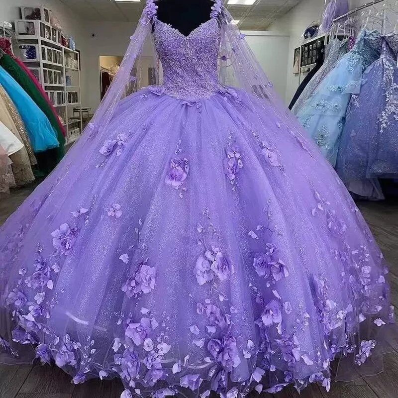 Putao Lavendel Ballkleid Quince anera Kleider mit Umhang 15 Party 3d Blume Aschenputtel 16 Prinzessin Kleider mit Wickel