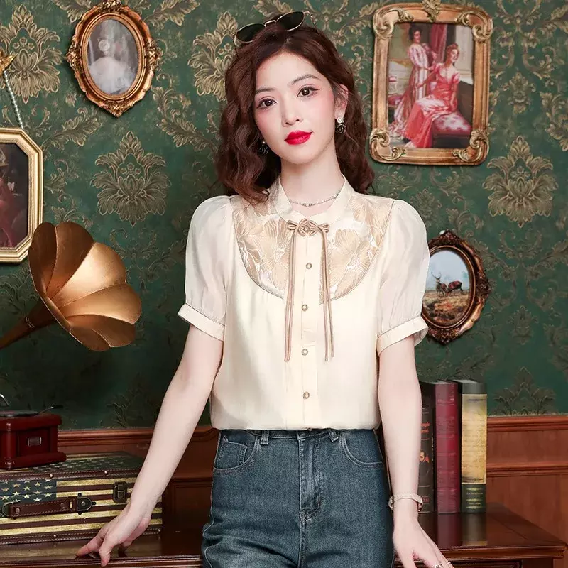 Camisa de satén con estampado Vintage para mujer, blusas holgadas de estilo chino, Tops de manga corta, ropa de moda de verano