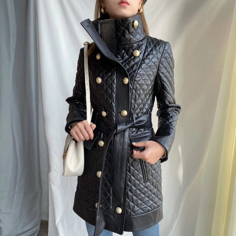 Julypalette-abrigos de piel de oveja auténtica para mujer, chaqueta de piel de cordero de longitud media con cinturón de doble botonadura y cuello levantado, 2023