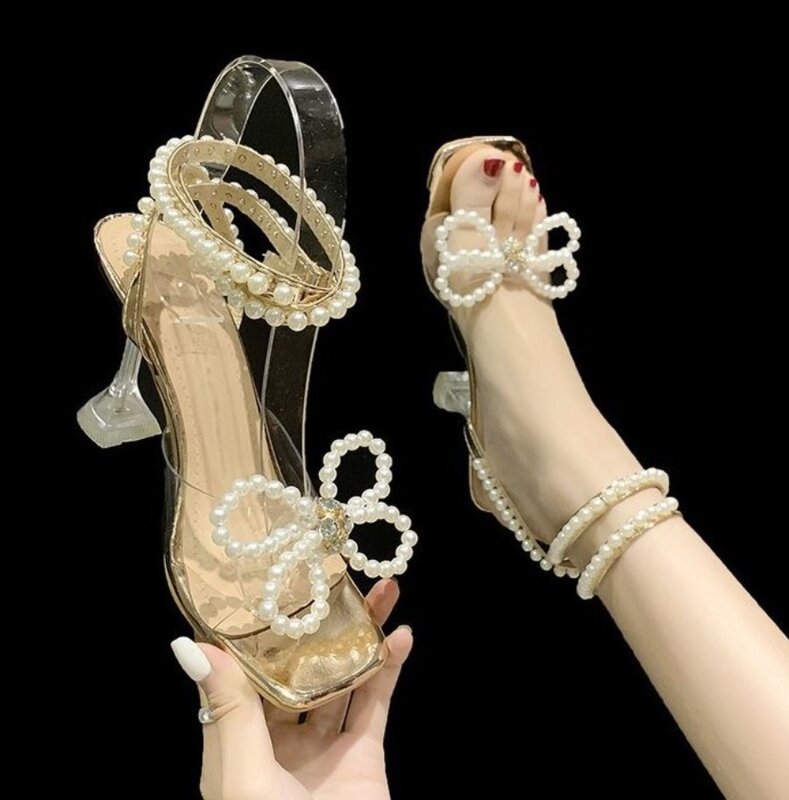 Neues Design Gladiator Sandalen für Frauen sexy String Perle High Heels Schuhe Sommer Schmetterling-Knoten elegante Party Schuhe Schnallen Pumps
