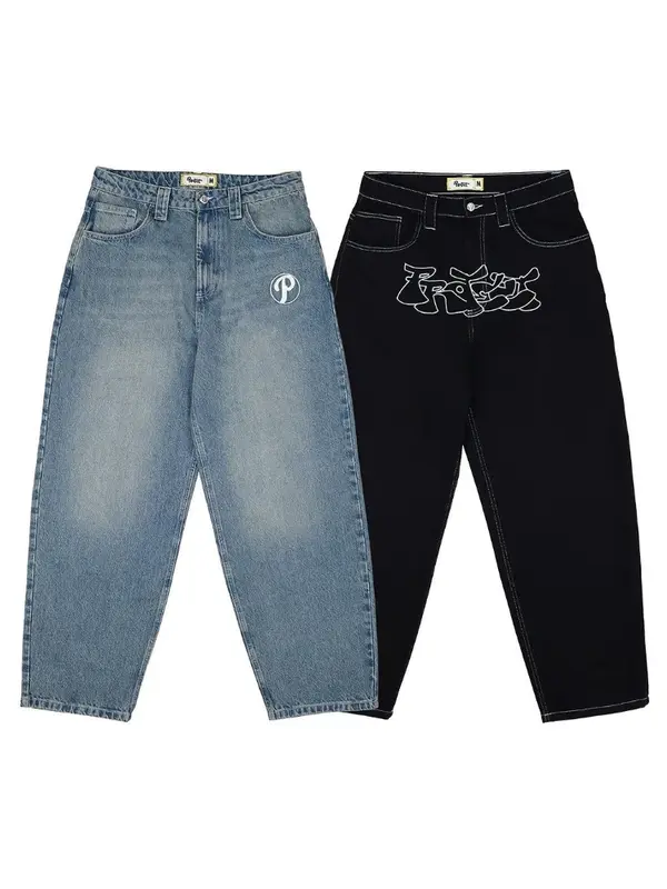 Retro New Baggy Casual Wide Leg Jeans Men Street Hip Hop Print Jeans Trend Fashion Black High-waist Jean Y2k Men Clothing 2023