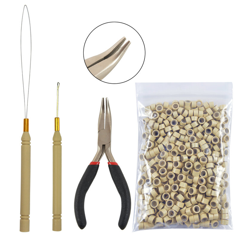 Hair Extensions Tool Kit : I-Tip Hair Pliers 500 Pieces Micro Silicone Hair Beads/Rings Pulling loop Threader Hook Needle