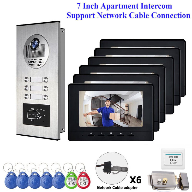 Units Apartment Wired Network Cable Video Door Phone Doorbell Intercom System 7 Inch Monitor RFID Access Unlock Door Intercom