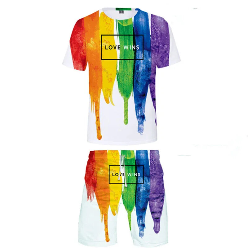 다채로운 요소 패션 3D 프린트 남성 티셔츠 세트, 레인보우 O-넥 티 반바지, 캐주얼 하라주쿠 맨투맨, 2 피스 세트