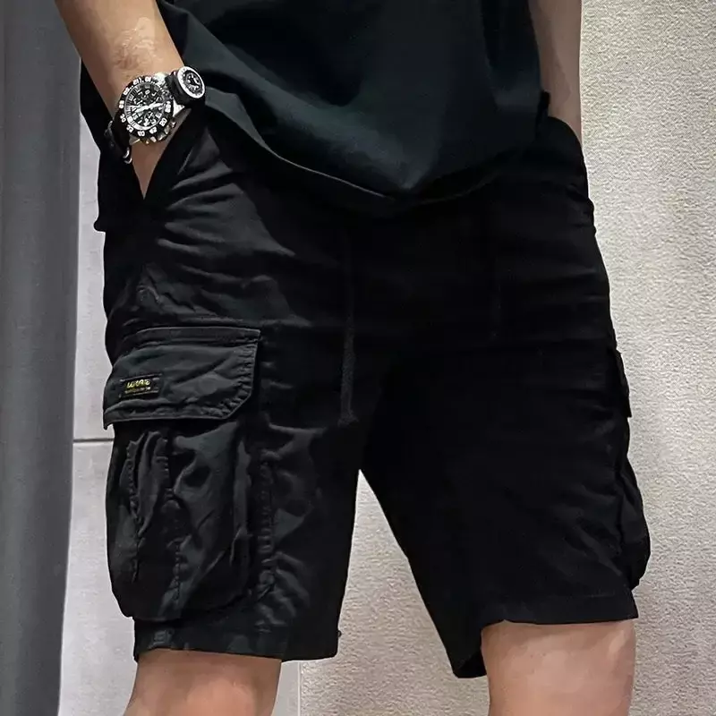 Pół męskie szorty bojówki z ze sznurkami jednolite Khaki Strech przednia kieszeń duże i wysokie luksusowe nylonowe szerokie męskie spodnie bermudy