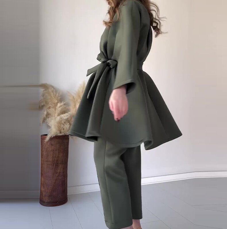 2024 Women's Spring and Autumn Long Sleeved Solid Color Luxury Collection Waist Slimming and Elegant Two Piece Set for Women
