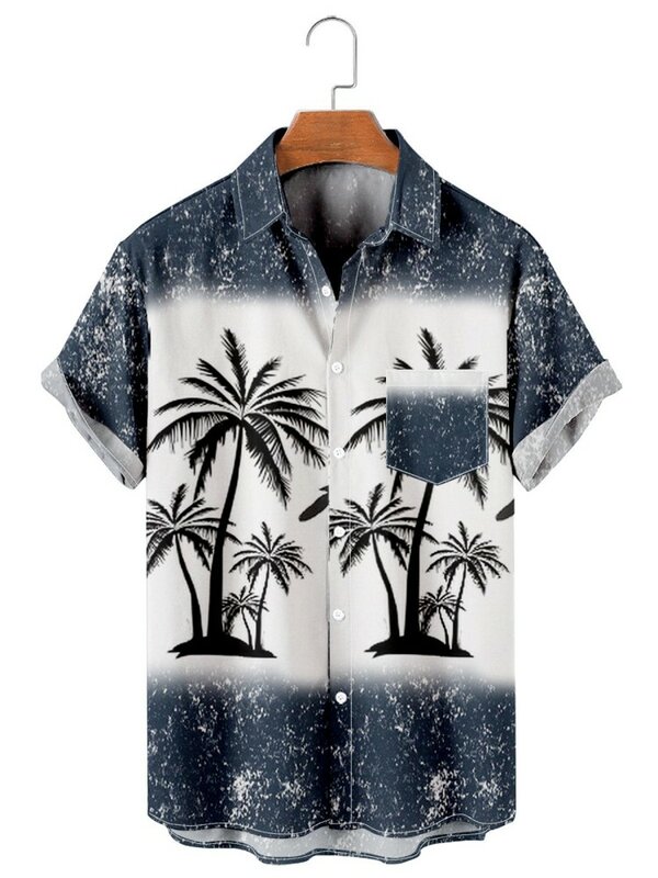 하와이안 남성용 프린트 반팔 셔츠, 해변 코코넛 나무, 패션 라펠 탑 2023, 남성 꽃무늬 의류, 신제품