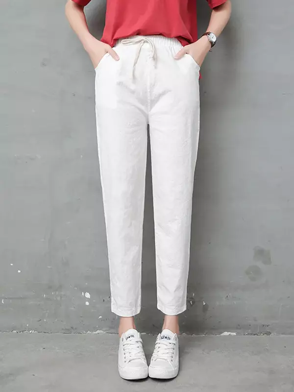 M-4XL celana wanita katun Linen Solid kasual celana wanita panjang sepergelangan kaki Celana capri musim semi musim panas celana pensil