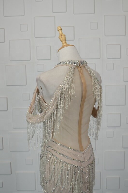 High Neck Off Shoulder Heavy Beaded Crystal Tassels Arabia Women's Evening Dresses Luxury 2018 Long Sheath Dubai Evening Gowns