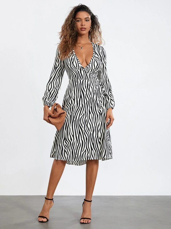 Women Midi Dress Long Sleeve Dress V-neck Tie-up Zebra Stripes Print Loose Fall Casual Dress