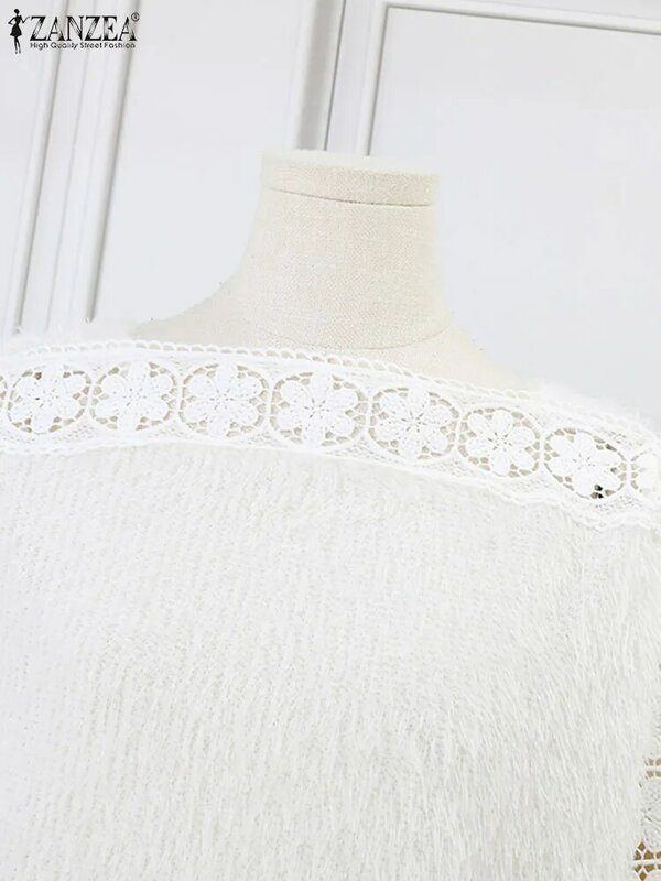 Женский вязаный свитер ZANZEA с вырезами, осень 2023, вязаный крючком кружевной пуловер с длинным рукавом, Элегантный Модный повседневный Свободный Топ