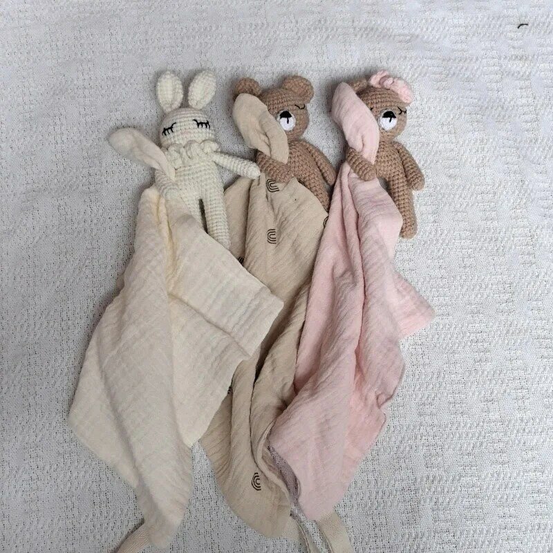 Cobertor artesanal de musselina de algodão para bebês, boneca fofa do gato, toalha de apaziguamento do sono infantil, lenço de saliva do urso coelho, cobertor confortável
