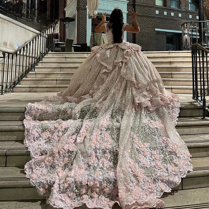 Różowa księżniczka Quinceanera ubiera suknię balową z ramienia kwiatowy blask słodkie 16 sukienek 15 Años meksykańskie