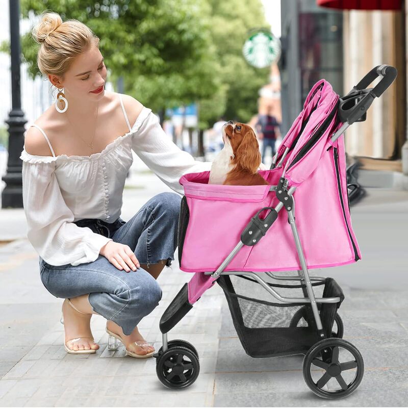 Pink Paw Promenade: cochecito para mascotas para perros medianos/pequeños, de 3 ruedas plegable Jogger, jaula, cesta