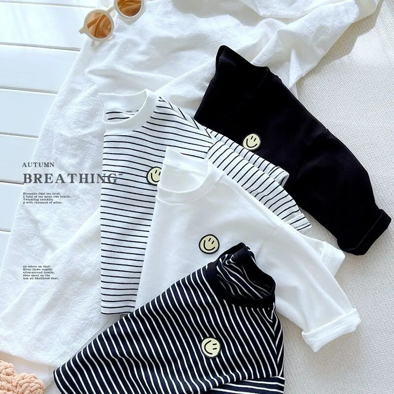 Child Long Sleeve Tshirt Early Spring Korean Version Clothes Trendy Loose Base Shirt Baby Unisex New Design Crewneck Striped Top